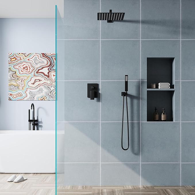 WELLFOR 12-In Wall Mounted Rain Shower Faucet with Single Handle and Handheld Spray, Waterfall Dual Head Shower Head System with 2-way Diverter, Pressure-balanced Valve Included, Matte Black