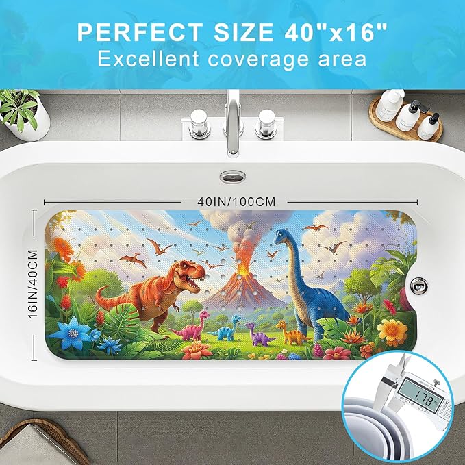 Upgrade Cartoon Baby Bath Mat Non Slip - 40"x16" Extra Long Bathtub Mat for Baby Eco Friendly Durable Bath Mat for Tub Non Slip Kids Tub Mat with Suction Cups, Machine Washable and No Fading, Dinosaur
