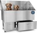 KANIS Professional Dog Washing Station - 304 Stainless Steel Pet Wash Sink & Grooming Bathtub w/Shower, Floor Grates and Storage for Large, Medium & Small Pets (61", 2 Drawers - Left Ramp)