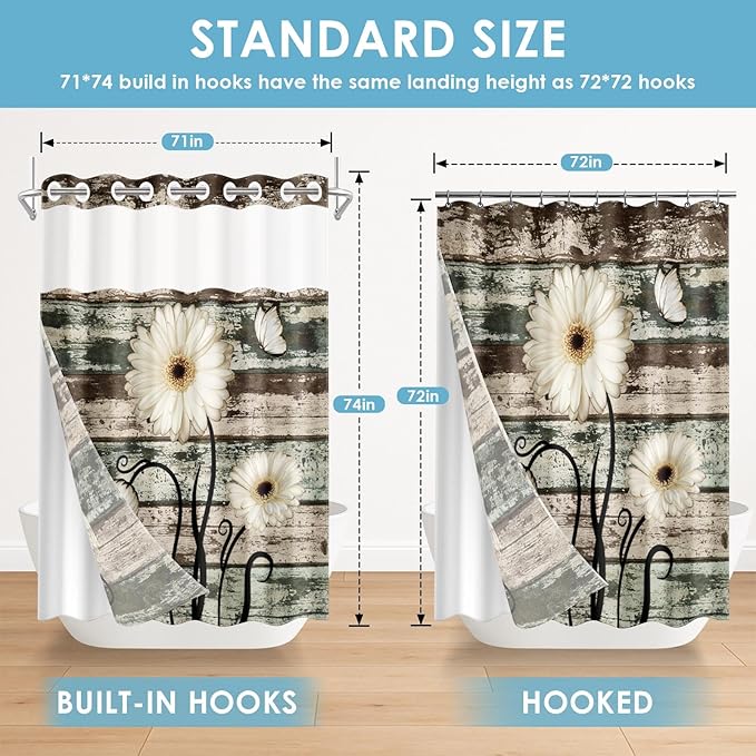 No Hook Vintage Flower Shower Curtain with Snap in Fabric Liner Set, Daisy Wooden Boards Double Layers Waterproof Fabric with See Through Top Window Open Grommet Bath Curtain 71x74 Inch