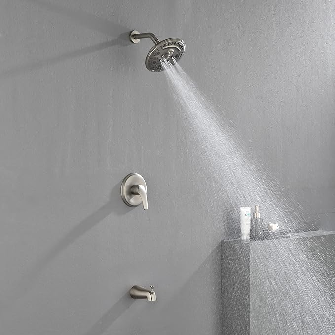 SHAMANDA Shower Tub Faucet Set with Rough-in Valve and Trim Kit, Shower System with Waterfall Diverter Tub Spout, Single Handle 8 Inch 6-Spray Rain Shower Head Combo Set, Brushed Nickel, L818-2