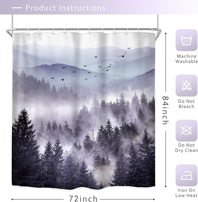 Riyidecor Purple Mountain Shower Curtain 72Wx84H Inch Extra Long Woodland Scenery Park Scene View Natural Foggy Pine Tree Alpine Cool Men Bathroom Decor Fabric Polyester Waterproof 12 Pack Hooks