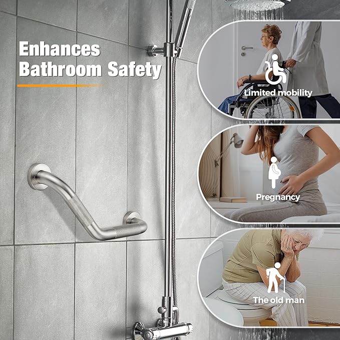 Grab Bars for Bathtubs and Showers- 1-1/4 x 16 Angled Shower Grab Bar for Seniors Knurled Stainless Steel Handicap Grab Bars for Wall (Brushed Nickel, 2 Pack)