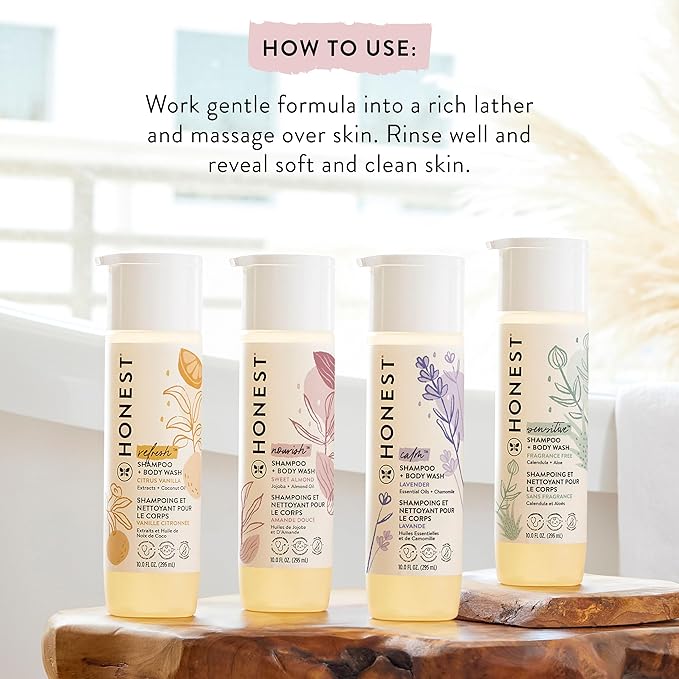 The Honest Company 2-in-1 Cleansing Shampoo Body Wash Gentle for Baby Naturally Derived Tear-free Hypoallergenic Sweet Almond Nourish 18 fl oz