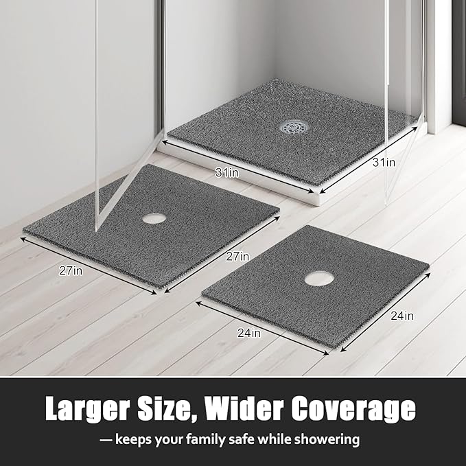 Square Shower Mat Non Slip: 27x27 Inch Extra Large Shower Floor Mat with Drain Hole in Middle - Soft PVC Loofah Bath Mat for Shower - Anti Slip Shower Stall Mat for Elderly and Kids