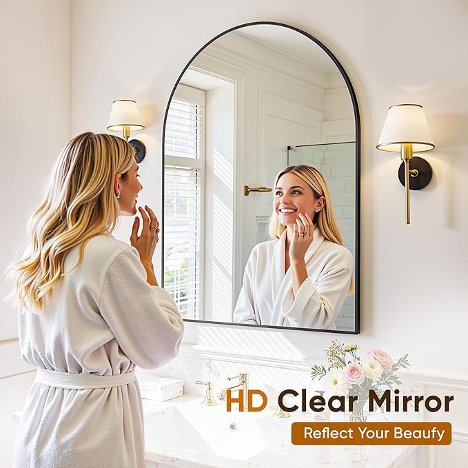 Arched Mirror 20"x30", Bathroom Mirror, Wall Mounted Vanity Mirror with Arch Metal Frame for Bathroom, Over Sink, Bedroom, Living Room, Flat Frame, Black