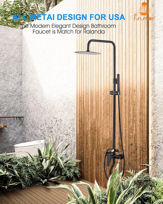 All-Metal Outdoor Shower Fixture,3 Functions Handle Tub Rainfall Shower Faucet Sets with Dial Thermometer Brass Valve, Black Exposed Shower System with 10'' Rainfall Shower Head Adjustable