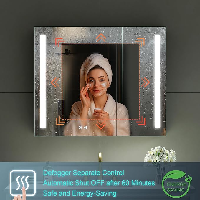 WELLFOR 36" X 30" LED Medicine Cabinet with Mirror, Double Opening Door, Recessed or Surface Cabinet Mirror, Bathroom Mirror Cabinet, Medicine Cabinet with Lights with Outlets & USB Ports
