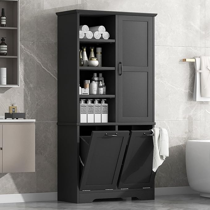 Favfurish 68" Tall Bathroom Storage Cabinet with Door and 2 Tilt-Out Laundry Hampers,Modern Linen Cabinets w/Open Shelf & Adjustable Shelves,Freestanding Organizer for Laundry Room,Kitchen,Black