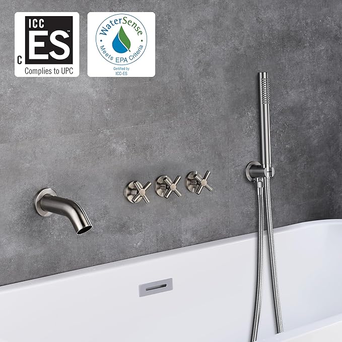 sumerain 3 Handle Wall Mount Tub Faucet with Sprayer, High Flow Waterfall Bathtub Faucet Brushed Nickel
