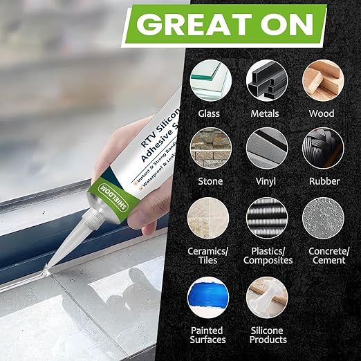 RTV Silicone Adhesive Sealant 100% Silicone Sealer All-Purpose Caulk Waterproof Stronger Adhesion, Shrink & Crack Proof Caulking for Car, Kitchen, Window, Bathroom, Door (Black, 3.4 Fl. Oz.)