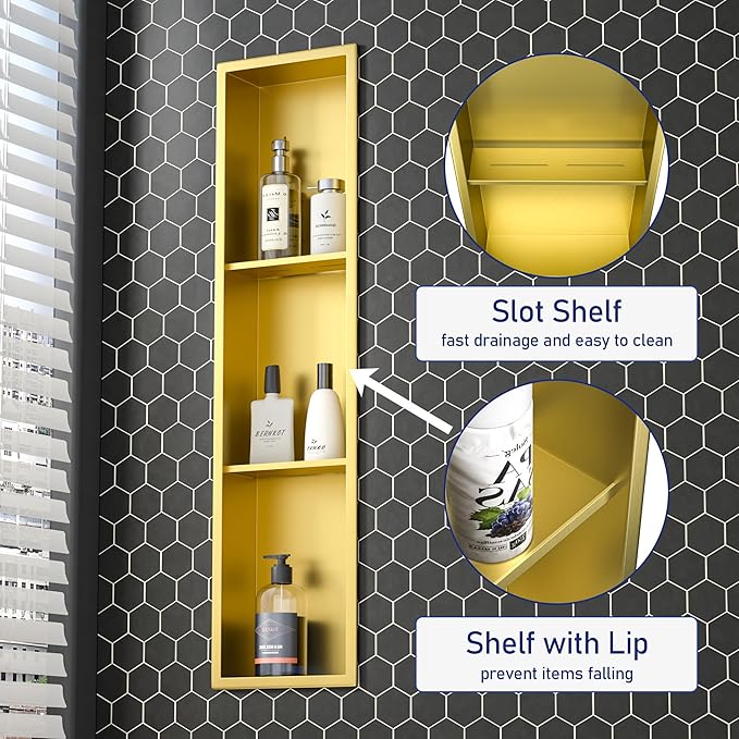 Stainless Steel Shower Niche 8"×36" with 3-Tier Shelve Gold No Tiled Needed Niche Shower for Wall Recessed Shower Shelf for Bathroom Storage