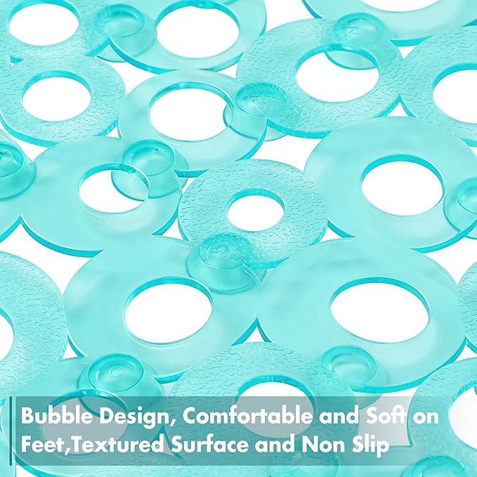 WELTRXE Oval Bathtub Mat Non Slip, Clear Teal Bubbles Bath Mats for Tub, Shower Mat with Drain Holes, Suction Cups, Machine Washable Bath Tub Mat, BPA, Latex, Phthalate Free for Bathroom, 27 x 14 Inch