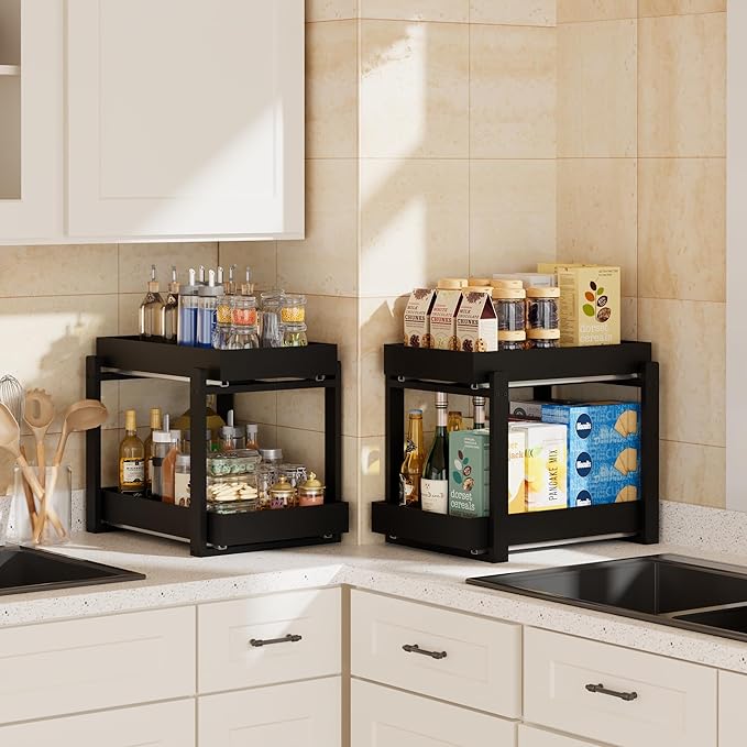 2 Pack Under Sink Organizer, Bamboo Wooden 2-Tier Pull-Out Storage with Sliding Drawers for Kitchen and Bathroom Cabinets, Easy Installation (Black, 2 Packs)