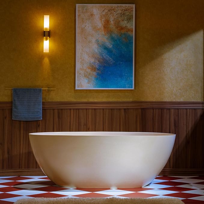WOODBRIDGE 69" L x 32" W Stone Resin Luxury Contemporary Solid Surface Freestanding Soaking Bathtub in Cream with 2-Drain Covers Included
