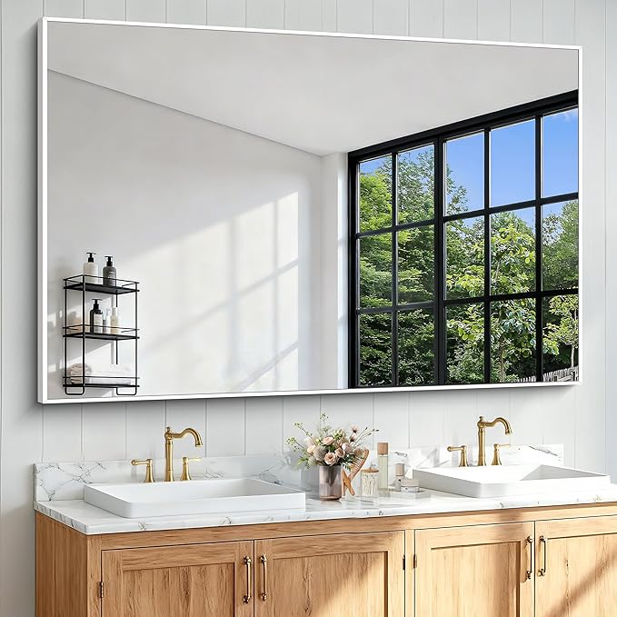 BONEWEI White Bathroom Mirror,60x40 inch Wall Mirror for Bathroom Wall Mounted,Large Rectangle Mirror for Bathroom Over Sink,Modern Metal Frame for Living Room,Bedroom Entryway,Horizontal/Vertical