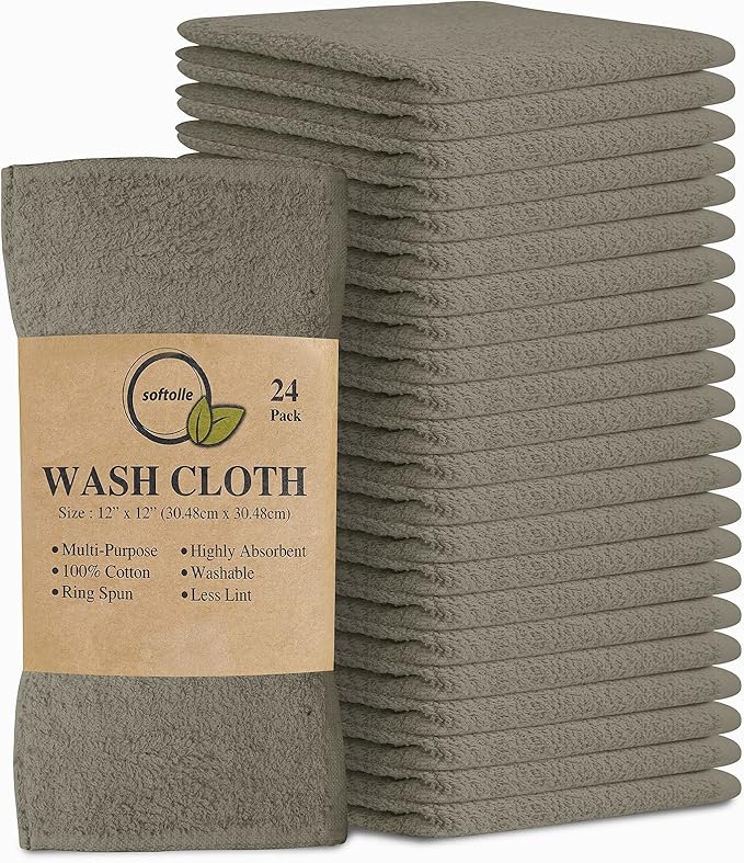 Softolle 100% Cotton Washcloths 24 Pack (12x12 Inches) Soft, Highly Absorbent Washcloth, Face Towels, Wash Cloths for Face, Ring Spun, Bulk Pack (Taupe)
