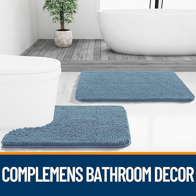 OLANLY Bathroom Rugs Sets 2 Piece, Soft Absorbent Chenille Bath Mats and U-Shaped Contour Toilet Mat Area Rug Set, Machine Washable Bath Carpet, Home Decor Accessories(30"x20"+24"x20", Airy Blue)