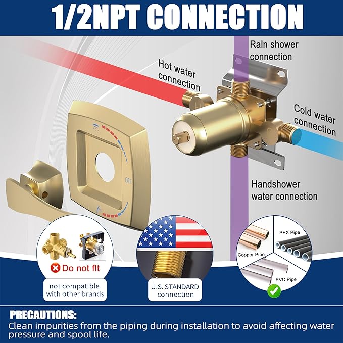Brushed Gold Shower Mixer Valve 2 Way Diverter, Dual-Function Pressure Balance Shower Control Brass Rough-In 1/2" NPT Connection with Single Handle Shower Trim Kit