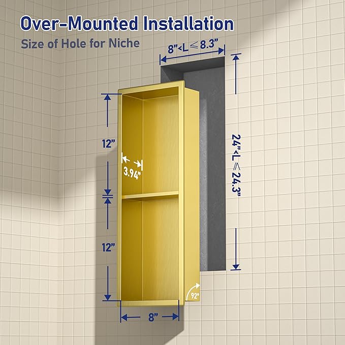 Stainless Steel Shower Niche 8"×24" Gold Double Shelf No Tiled Needed Niche Shower for Bathroom Wall Recessed Bathroom Shelf for Storage