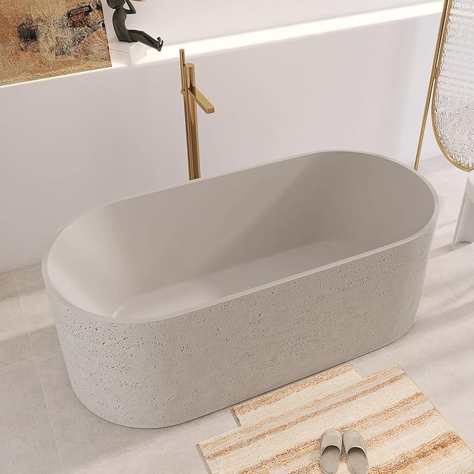 63" Premium Travertine Solid Surface Freestanding Bathtub, Unique Matte Textured Surface Stone Resin Soaking Tub with Pop-up Drain