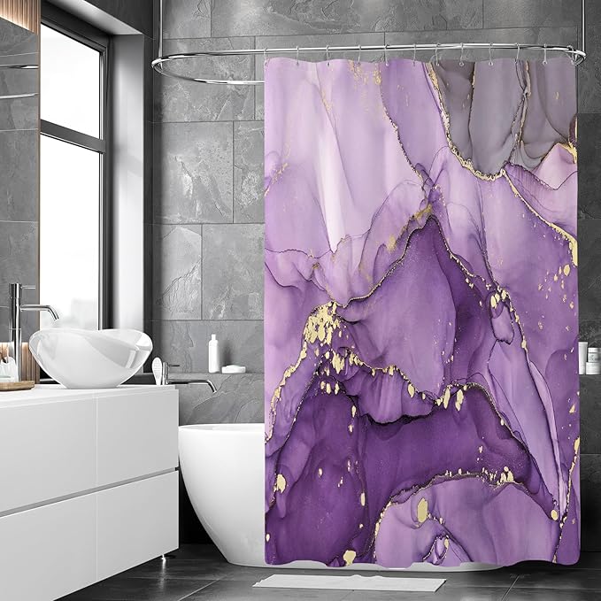 Long Shower Curtain 72 x 78 Inch, Tall Abstract Marble Shower Curtains for Bathroom Decor, Modern Luxury Art Decor Ink Texture Fabric Shower Curtain Set with Hooks, Purple