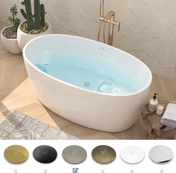 FerdY Tahiti 55" Acrylic Freestanding Bathtub, Elegant Oval Shape Soaking Bathtub, Glossy White, Brushed Nickel Drain & Integrated Slotted Overflow Assembly Included cUPC Certified