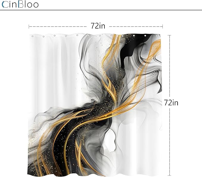 Cinbloo Black and Gold Marble 72Wx72H Shower Curtain Abstract Ink Texture Modern Ombre Grey Golden Minimalist Elegant Luxury Aesthetic Bathroom Curtain Set Neutral Bath Bathroom Accessories Decor
