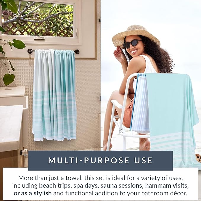 Maisonette Turkish Bath & Beach Towels - 2 Pack (36"x71"), Quick-Dry Cotton Peshtemal for Bath, Beach, Travel, Absorbent, Lightweight, Bathroom, Hammam, and Spa Towels with Eyelash Fringe, Blue (Aqua)