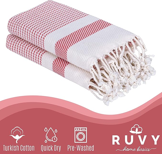 Ruvy Home Basics Turkish Hand Towels for Bathroom Set of 2 | 18"x40", Cotton | Decorative Towel for Bathroom, Kitchen, Dishcloth, Tea, Yoga, Face, Gym - Coral