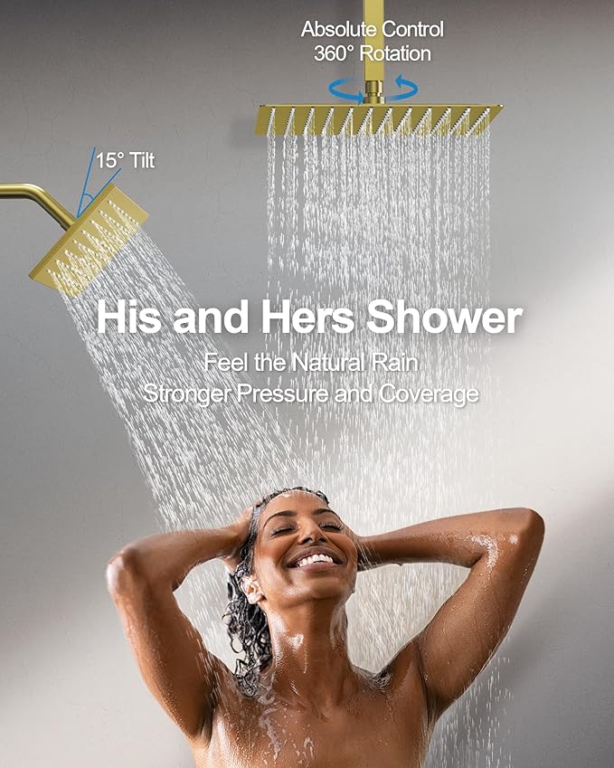 Thermostatic Shower System, Dual Rainfall Shower Heads for Ceilling & Wall Mounted with Handheld Sprayer, Brushed Gold