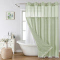No Hook Long Shower Curtain Set with Snap-in Fabric Liner,Linen Ultra Thick Fabric with Tassels,Boho Chic Modern Farmhouse Country Neutral Cloth Shower Curtains for Bathroom,Sage Green,71x80