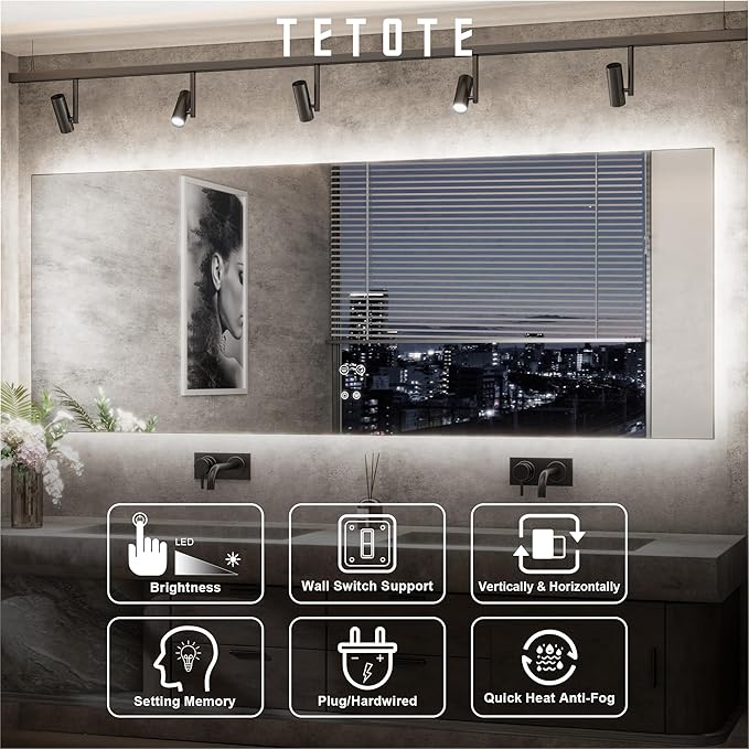 TETOTE 84 x 32 Inch LED Backlit Bathroom Mirror with Lights,Anti-Fog,Dimmable Lighted Mirror(Horizontal/Vertical) Wall Mounted Vanity Mordern Mirror