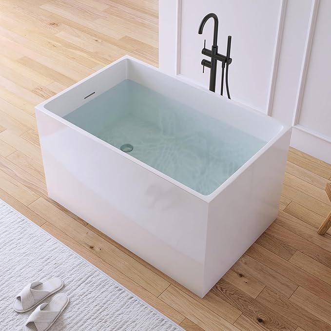 43" Acrylic Freestanding Bathtubs, Stand Alone Tub, Japanese Soaking Tub for Bathroom, Integrated Overflow and Drain, cUPC Certified, Gloss White