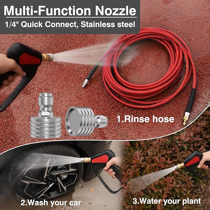 Sewer Jetter Kit 50FT for Pressure Washer, 5800 PSI Drain Cleaner Hose 1/4 Inch NPT with Spray Nozzle, Button Nose and Rotating Sewer Jetting Nozzle, Spanner Teflon Tape Pearl Corsage Pin