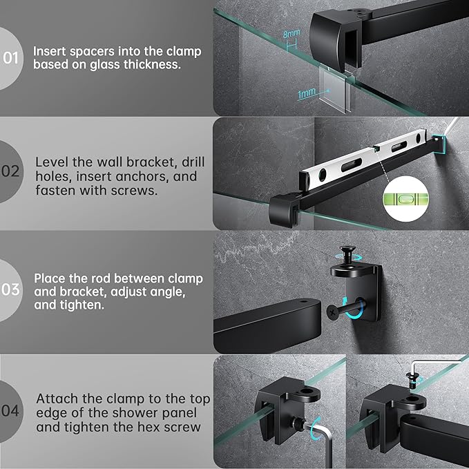 Frameless Shower Door Support Bar, Stainless Steel Wall-to-Glass Support Arm to Fixed Shower Glass Panel, for 1/4"-3/8" (6-10 mm) Door, 180° Pivot & Stow-Flat Mode (Matte Black, 23.6-inch(600mm))