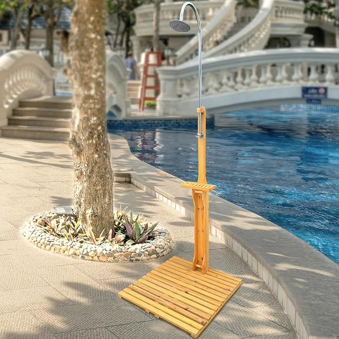 Outdoor Shower Kit Portable Wood Outdoor Garden Pool Shower with Chassis Board for Outdoor Backyard Poolside Beach Pool Spa,Wood