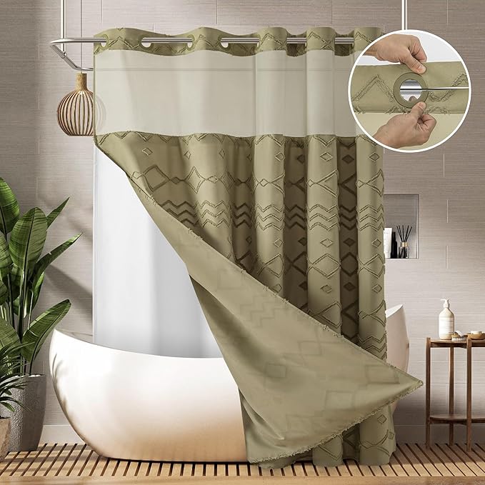 No Hooks Required Boho Farmhouse Shower Curtain Tufted Chevron Striped with Snap in Liner - 72W x 80H, Water Resistant Hotel Grade Spa Like Bathroom Curtain Set, Taupe