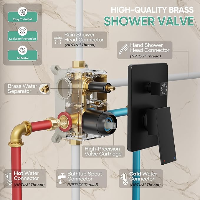 Black Shower System with Tub Spout, All Metal Tub Shower Faucet Set with 10" Rain Shower Head and Handheld Spray combo, Wall Mounted Tub Shower Systems with Valve and Trim Kit, Matte Black