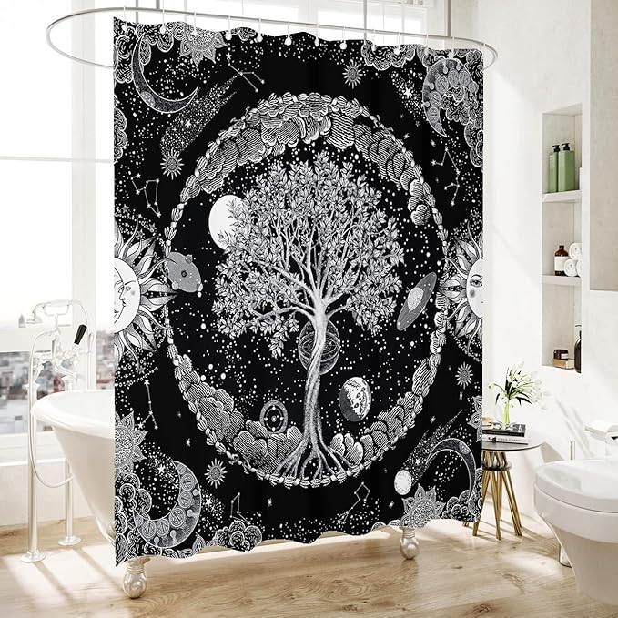 Bohemian Shower Curtain, Boho Floral Print Water Repellent Polyester Fabric for Bathroom Decor, 72×72 Inch Standard Size with 12 Hooks, Also as Room Divider