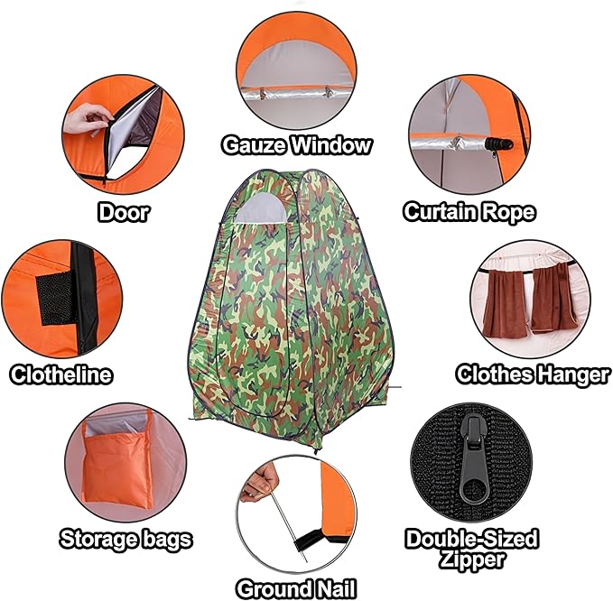 4x4ft Pop Up Privacy Shower Tent with Top Window, 3.6lbs Liightweight Dressing Room, Portable Toilet Stall with Carry Bag for Camping, Beach, Outdoors (Camouflage)