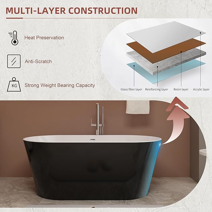 Black 67 inch Freestanding Soaking Bathtub, WHALEKING Modern Stand Alone Free Standing Acrylic Tub with Center Drain & Overflow