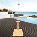 Outdoor Wooden Pool Shower with Base Platform, Solid Wood Garden Shower with Storage Shelf & Adjustable Water Control for Swimming Pool Patio Terrace Backyard, Teak