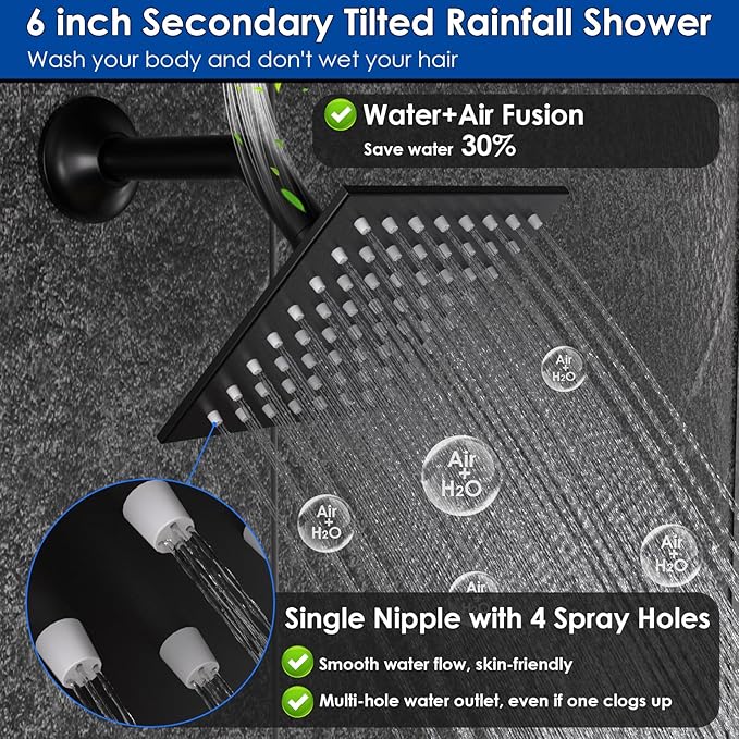 ENGA Shower System with Tub Spout, Bathtub Shower Faucet Combo Set - 10" & 6" Square Rain Shower Heads with 2 in 1 Handheld Spray, 4 Way Water Diverter, Matte Black