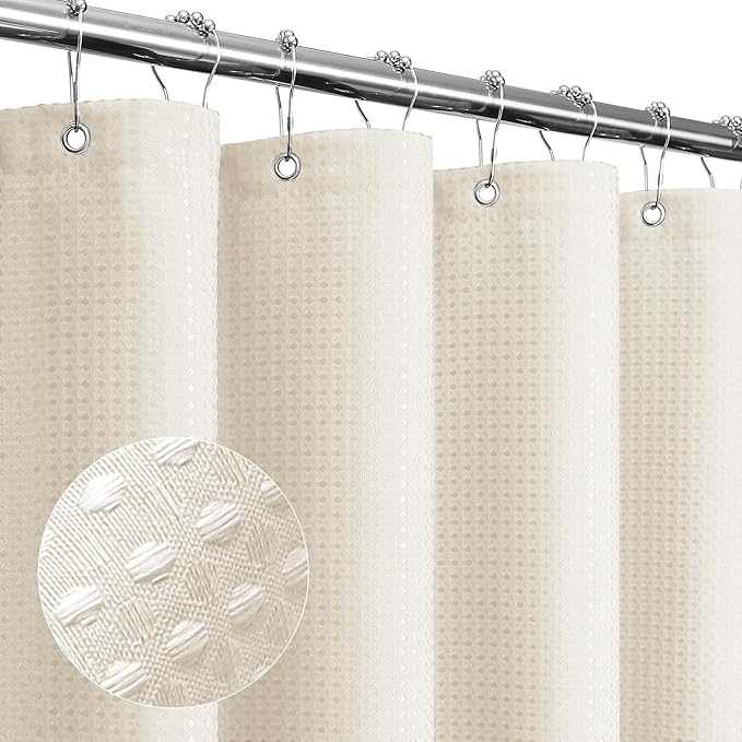 Gibelle Extra Long Shower Curtain 72 x 84, Tall Waffle Weave Textured Fabric Shower Curtain for Bathroom, Water Repellent, Machine Washable, Ivory