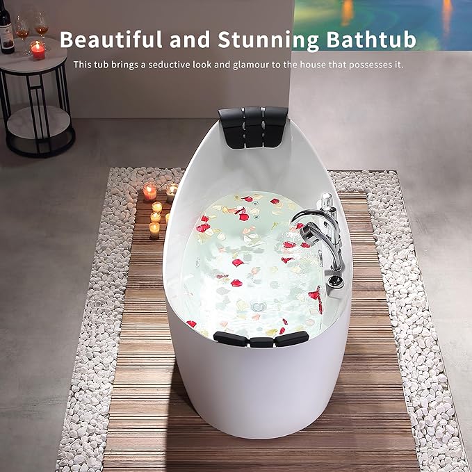 Empava 59" x 28" Freestanding Whirlpool Tub with Center Drain,560W Stand Alone Bathtub with 8 Hydromassage Jets, Unique Boat-Shaped,Acrylic,ETL Certified