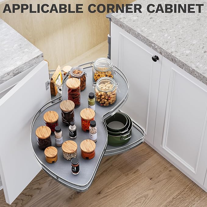 DWVO Corner Cabinet Organizer, 2-Tier Blind Corner Pull Out with 270° Rotating Shelf, Left Swing Tray, Heavy-Duty Iron, Easy-Install Template, 32.7"x17.3"x21.3", Gray