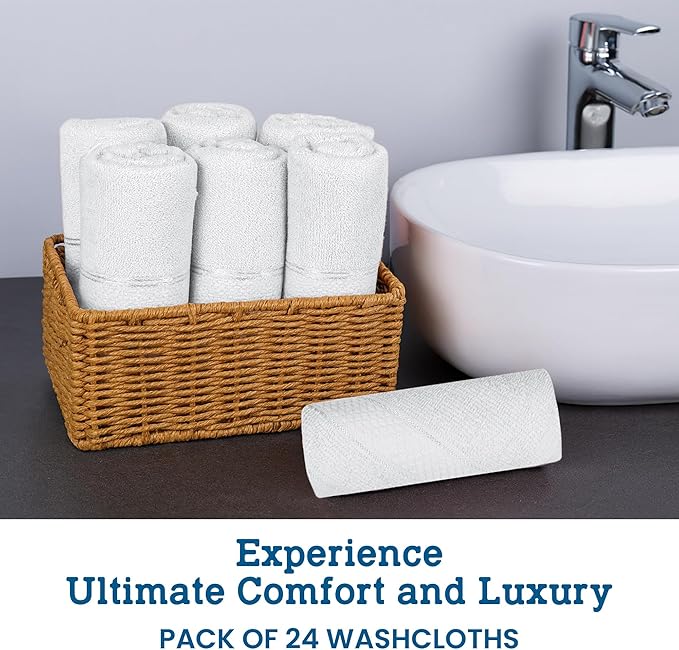 Casa Lino Face Towels & Body Wash Cloths for Showering - 100% Cotton Wash Cloths for Bathroom - Highly Absorbent & Quick Drying Washcloth Set - Cotton Washcloths 24 Pack (12" x 12") - (White)