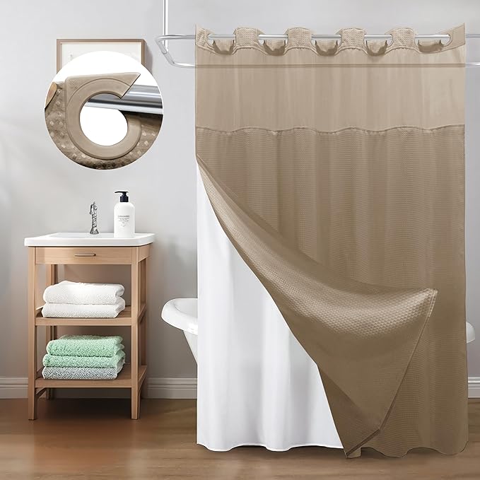 Inhousolu Long No Hook Shower Curtain with Snap in Fabric Liner Set Waffle Weave 230GSM Weighted Hem, Waterproof & Washable Bathroom Curtain Spa Luxury with Mesh Top Window 72" W x 78" L Beige