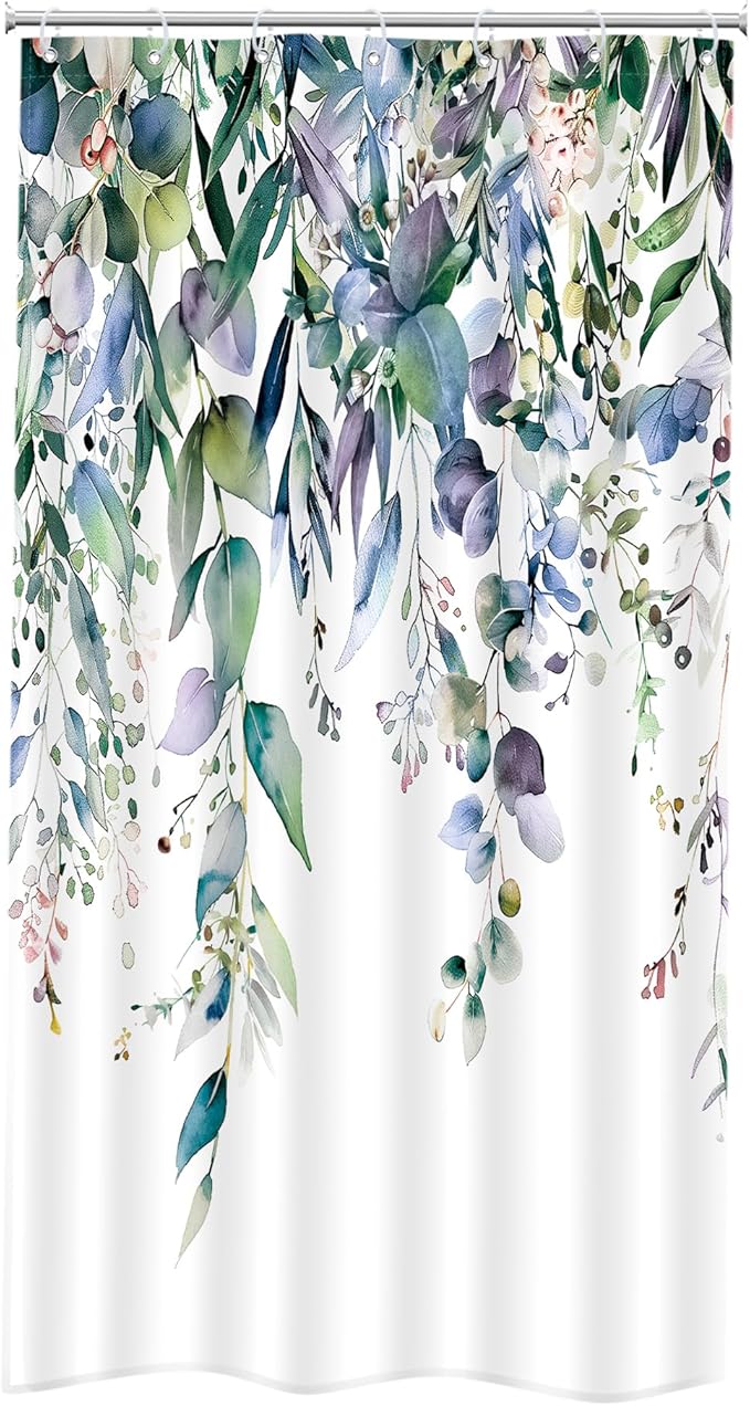 Riyidecor Small Stall Teal Eucalyptus Shower Curtain for Bathroom Decor 36Wx72H Green Leaves Plant Watercolor Floral Rustic Botanical Spring Art Printed Fabric Polyester Waterproof 7 Pack Plastic